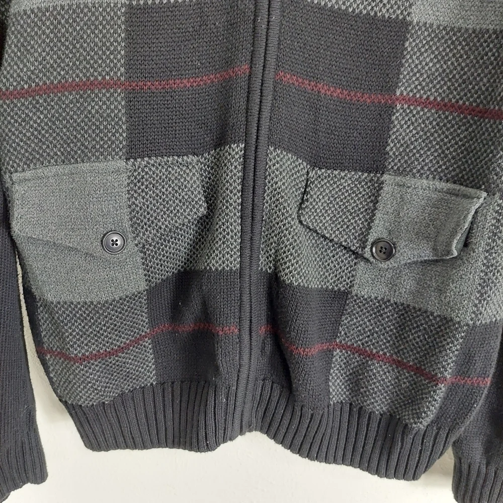 Tasso Elba Men's Size Large Zip-Front Cardigan Sweater Black Gray Plaid Pockets‎ - Picture 6 of 10